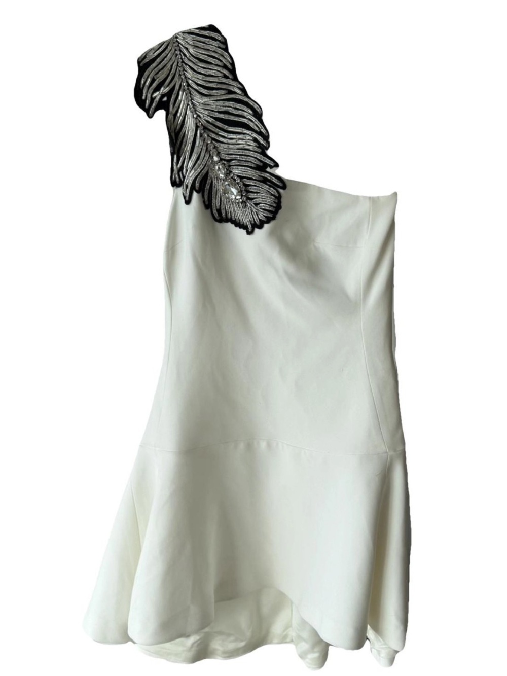 David Koma Asymmetric One-Shoulder White Dress with Black Feather Appliqué NWT